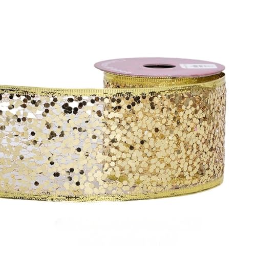 HSTWODE 6,3 cm breit, 9,1 Meter lang Weihnachtsband mit Draht Glitzer Netz für Baumschmuck, Geschenkverpackung, Kränze, Baumspitzen, Basteln (Gold) von HSTWODE