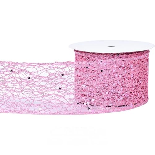 HSTWODE 6,3 cm breit, 9,1 Meter lang Weihnachtsband mit Draht Glitzer Netz für Baumschmuck, Geschenkverpackung, Kränze, Baumspitzen, Basteln (Hellrosa) von HSTWODE