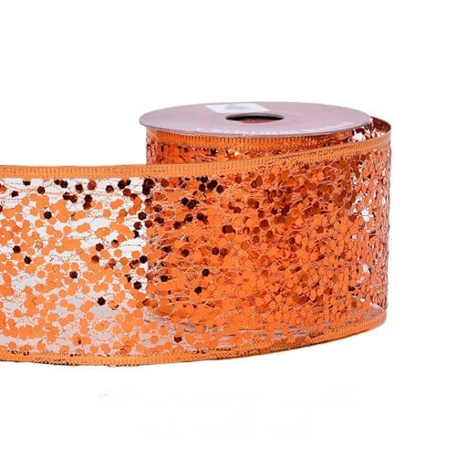 HSTWODE 6,3 cm breit, 9,1 Meter lang Weihnachtsband mit Draht Glitzer Netz für Baumschmuck, Geschenkverpackung, Kränze, Baumspitzen, Basteln (Orange) von HSTWODE