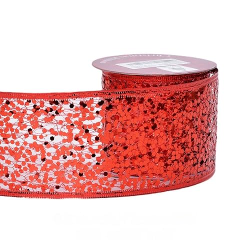 HSTWODE 6,3 cm breit, 9,1 Meter lang Weihnachtsband mit Draht Glitzer Netz für Baumschmuck, Geschenkverpackung, Kränze, Baumspitzen, Basteln (Rot 1) von HSTWODE