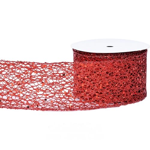 HSTWODE 6,3 cm breit, 9,1 Meter lang Weihnachtsband mit Draht Glitzer Netz für Baumschmuck, Geschenkverpackung, Kränze, Baumspitzen, Basteln (Rot 2) von HSTWODE
