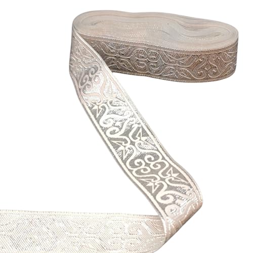 HSTWODE 7m Jacquard Ribbon Trim, 3.3 cm breit Boho Woven Trim Ethnische Blumenband Stickerei Polyester Flachband für DIY Handwerk Kleidung Accessoires Dekorationen (Silber) von HSTWODE