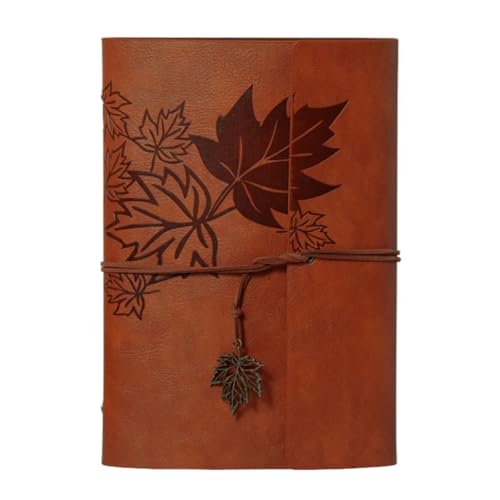 HSTWODE A7 Notizbuch Leder,Nachfüllbar Tagebuch Notizbuch, Vintage PU Leder Reisetagebuch Journal Skizzenbuch Ringbuch mit Leeres liniertes Papier und Ahorn Anhänger (Khaki) von HSTWODE
