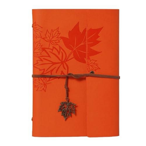 HSTWODE A7 Notizbuch Leder,Nachfüllbar Tagebuch Notizbuch, Vintage PU Leder Reisetagebuch Journal Skizzenbuch Ringbuch mit Leeres liniertes Papier und Ahorn Anhänger (Orange) von HSTWODE