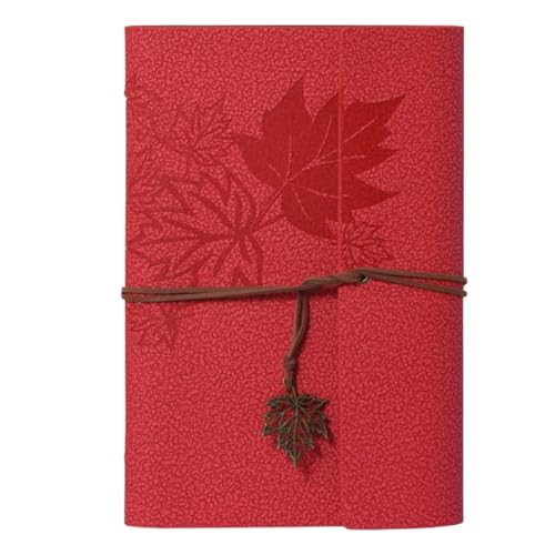 HSTWODE A7 Notizbuch Leder,Nachfüllbar Tagebuch Notizbuch, Vintage PU Leder Reisetagebuch Journal Skizzenbuch Ringbuch mit Leeres liniertes Papier und Ahorn Anhänger (Rot) von HSTWODE