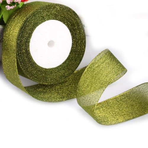 HSTWODE Geschenkband Chiffon 4cm x 22 m Schleifenband Festival Bänder Dekoband für ochzeit, Taufe, Weihnachten, Geburtstag Geschenke (Dunkelgrün+Glitzer Gold) von HSTWODE