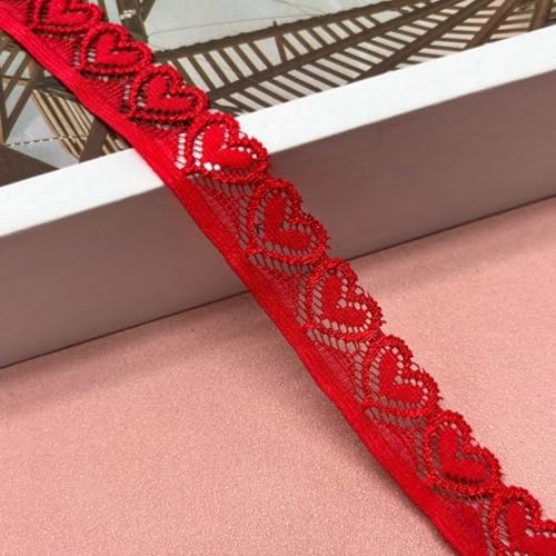 HSTWODE Herzförmig Stickerei-Spitzenborte,Spitzenstoff Spitzenborte Elastisches Spitzenband, 18 mm breit, herzförmig,für Basteln Nähen Hochzeit Deko Scrapbooking Geschenkbox (Rot) von HSTWODE