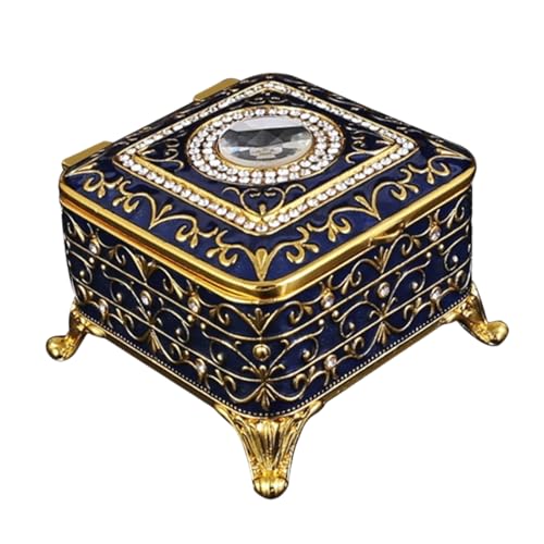 HSTWODE Vintage Schmuckschatulle aus Metall, Kleine Schmuckaufbewahrungsbox, quadratisch Schmuckschatulle, Schmuckschatulle, Schmuckschatulle, Schmuckschatulle (Golddunkelblau) von HSTWODE