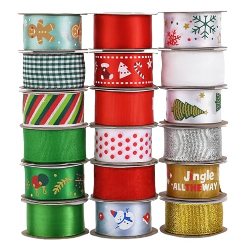 HSTWODE Weihnachtsbänder Set 18 Rollen (90 Yards) - Glitzerndes Geschenkband Metallisch Bedruckt für DIY Weihnachtsdeko, Geschenkverpackung, Hochzeit & Adventskalender von HSTWODE
