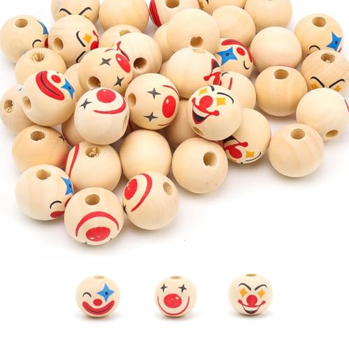 HSUYUN Perlen mit Gesicht, 45 Stück Holzkugeln mit Loch, Bastelperlen, 20mm, Clown, für DIY Bastelbedarf, Dekorationen, Gewebte Puppen, Armband von HSUYUN