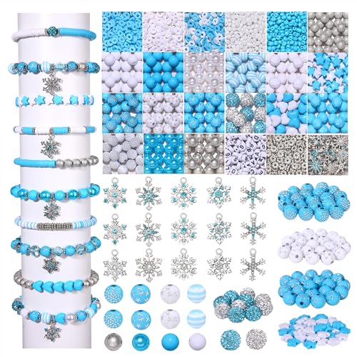 HSWE Weihnachts-Freundschaftsarmband-Set, weiß-blaue Weihnachtsperlen für Schmuckherstellung mit Kristallen, Winter-Schneeflocken-Blumen-Anhänger für DIY-Halsketten, Armbänder, 2055 + Stück von HSWE