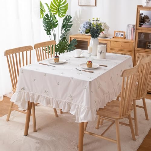 HSYHKDSY Baumwolltischdecken für rechteckige Tische, Baumwoll-Blumenmuster, gerüschte Tischdecke für Party-Picknick-Dinner-Dekor, Weiß-Blau, 59 x 71 Zoll (Cremeweiß 59 x 71 Zoll) von HSYHKDSY