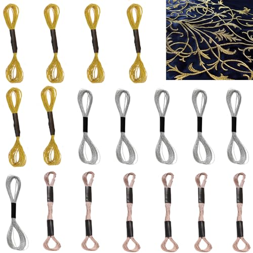 18 Stück Stickgarn, 8m Stickgarn Set, Perlgarn, Stickgarn Baumwolle, Stickgarn Anchor, Kreuzstich Fadenset für Bastelarbeiten (Gold, Silber, Rose Gold) von HSYTEK