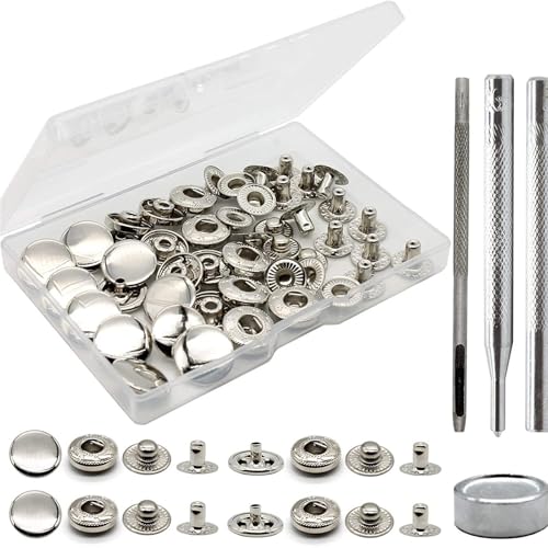 Druckknopf Set, Druckknöpfe Set, Kleidung Druckknopf, Druckknöpfe Ohne Nähen, Druckknöpfe für Jacken, 12 Stück Druckknöpfe Metall mit Fixierwerkzeug Kit, Rostfrei DIY Druckknopf von HSYTEK