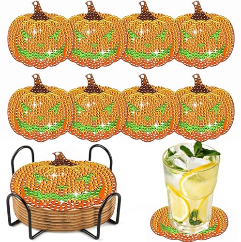 8 Stück DIY Halloween Kürbis Diamond Painting Untersetzer mit Halter，Dekorative Hölzern Untersetzer mit Diamond Painting Kit für Erwachsene Kinder Anfänger von HTGWCG