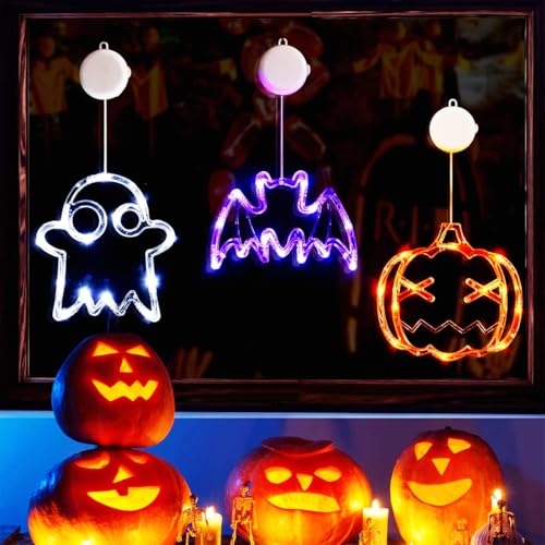 Halloween Fensterlichter 3er-Pack Orange Kürbis weißes Geist lila Fledermaus mit Saugnapf, 8 Modi Fensterdeko Lichter Batteriebetriebene für Innen Außen Garten Halloween Fensterlichter 3er-Pack Orange Kürbis weißes Geist lila Fledermaus mit Saugnapf, 8 Modi Fensterdeko Lichter Batteriebetriebene für Innen Außen Garten von HTGWCG