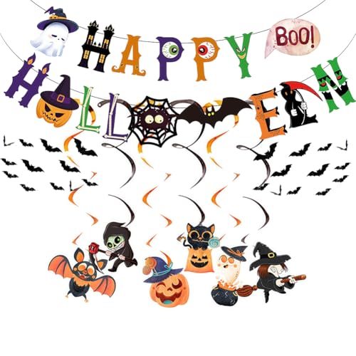 Halloween-Fledermaus-Banner-Set, 22 Stück, hängende Wirbel, Thema, Halloween-Party-Dekoration, Premium-wiederverwendbare Party-Dekorationen, Süßes oder Leckerei-Schild, gruselige hängende Halloween-Fledermaus-Banner-Set, 22 Stück, hängende Wirbel, Thema, Halloween-Party-Dekoration, Premium-wiederverwendbare Party-Dekorationen, Süßes oder Leckerei-Schild, gruselige hängende von HTGWCG