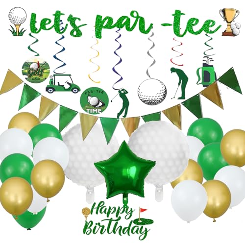 Golf-Party-Dekorationsset, Let's Par-Tee Banner, grünes und goldenes Dreieck-Banner, 36 Latexballons, 3 Folienballons (2Golf, 1 grüner Stern), Kuchendekoration, 7 Stück hängende Wirbel von HTM Party