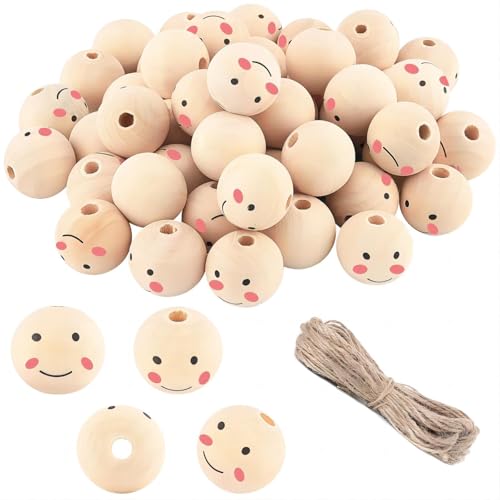 60 Stück natürliche Holzperlen, 20mm runde Perlen mit Löchern für Smiley-Gesicht Holzperlen Handwerk, DIY, Halsketten, Armbänder und Ohrringe von HTRTRR