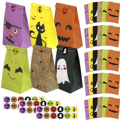 HTTDSLF 36 Stück Papiertüten Klein mit Aufkleber, Geschenktüten mit Aufkleber, Papiertüten Halloween, für Halloween Candy bar Geburtstag Tüten zum Befüllen, 22 x 12 x 8 cm von HTTDSLF