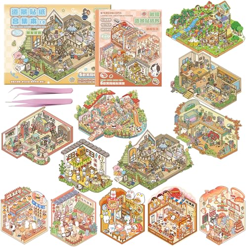 HTTDSLF 3D House Stickers, Miniatur Haus Sticker 3D Sticker Scene, Hausaufkleber Aufkleberszenen, Haus Aufkleber Machen Sie Ihren Eigenen, Relief Stress für Erwachsene & Kinder(12 Themen) +2 Pinzetten von HTTDSLF