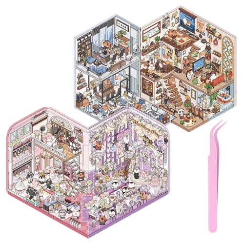 HTTDSLF 3D Sticker Scene, DIY 3D House Stickers, 3D-Hausaufkleber 3D-Aufkleberszenen, Sticker Therapy, Haus Aufkleber Machen Sie Ihren Eigenen, Relief Stress für Erwachsene und Kinder, mit Pinzette von HTTDSLF