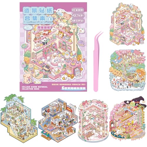 HTTDSLF 6 Sets DIY 3D House Stickers Scene, Miniatur Haus Sticker 3D mit Pinzette, Haus Aufkleber Sammlung Buch, Miniatur-Hütte Simuliert Szene Spiel, Relief Stress für Erwachsene und Kinder HTTDSLF 6 Sets DIY 3D House Stickers Scene, Miniatur Haus Sticker 3D mit Pinzette, Haus Aufkleber Sammlung Buch, Miniatur-Hütte Simuliert Szene Spiel, Relief Stress für Erwachsene und Kinder von HTTDSLF