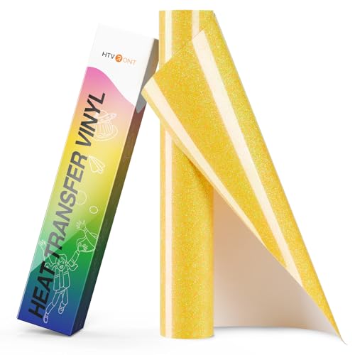 HTVRONT Gelbe Glitzer-HTV-Wärmetransfer-Vinyl-Rollen – 25,4 cm x 2,4 m, Neongelbes Glitzer-HTV-Vinyl für Hemden, Glitzer-Vinyl zum Aufbügeln für alle Schneidemaschinen – leicht zu schneiden und zu von HTVRONT