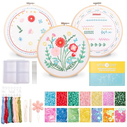 HTVRONT Perlenstickerei Kit für Anfänger, 3 Sets Bling Bling Perlenstickerei Kit mit Schritt für Schritt Stich Video & Anleitung, Dreidimensionales Starter-Stickset mit 19 Stichen für Geschenk von HTVRONT