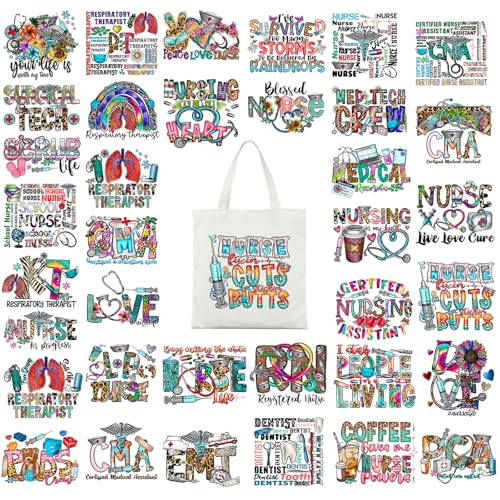 HTVSTD 36 Blatt Krankenschwester Bügelbilder DTF Transfers Ready to Press Western Nurse Leopard Iron on Decals für T-Shirts Retro Nurse Heat Transfer Vinyl Iron on Decals für DIY Patches Decals von HTVSTD