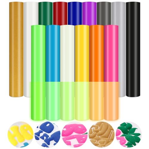 HTVSTD Puff Vinyl Heat Transfer – 15 Blatt 30,5 x 25,4 cm 3D Puff Vinyl inklusive 6 Bögen Glow in the Dark Puffy HTV-Vinyl für T-Shirts DIY Glod Puff Vinyl kompatibel mit Cricut/Silhoutte Cameo von HTVSTD