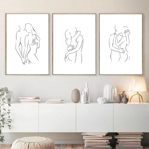 HTWLMM Abstrakte Paar Kuss Strichzeichnung Bilder Liebe Schwarz Weiß Leinwand Malerei Gemälde Poster Kunstdruck für Wohnkultur Wohnzimmer Wanddekoration (3X50X70CM,Kein Rahmen) von HTWLMM