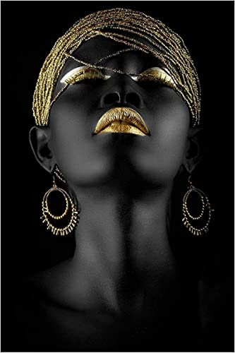HTWLMM Leinwand Malerei Afrikanische Goldene Lippen Frau Bilder Kunstdruck für Wohnzimmer Schlafzimmer Wandbilder Deko Rahmenlos (30X40CM) von HTWLMM