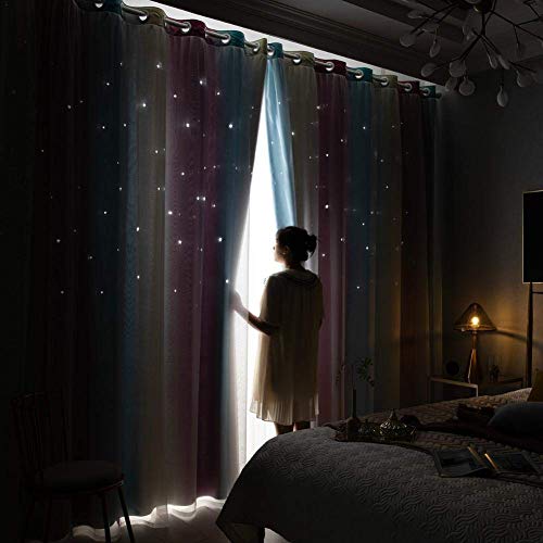 HTYG 2 Stück Vorhang Openwork Star Gradient-Doppelschicht-verdunklungsvorhänge-Prinzessin Stil Durchbrochene Sterne vorhänge-für Jungen Mädchen Prinzessin Zimmer-Wohnzimmer 100 × 250 cm (lila) von HTYG