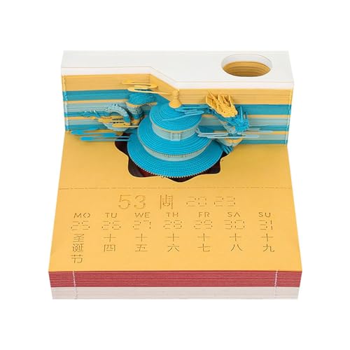 2024 Time Piece-Kalender, 3D-Kalender, Notizblock mit LED-Licht, Tempel des Himmels, abreißbarer Desktop-Kalender, kreativer Drache, Papierschnitzerei, Kunsthandwerk, Dekor von HTYUKFDG