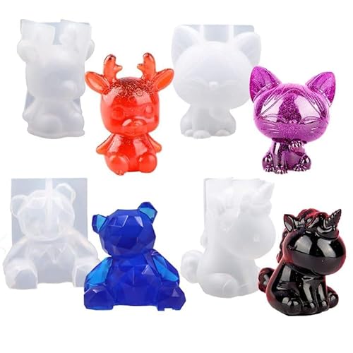 HUA JET Tier-Harzformen Silikon-Harz-Gussformen 4-teilig Set: Hirsch, Katze, Bär, Einhorn (3D Stereo) Silicone Mould von HUA JET