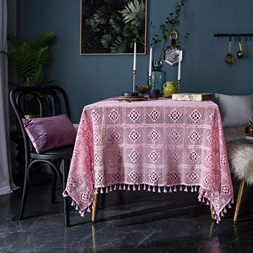 HUALEMEI Rosa Spitze Tischdecke,handgemachte Vintage Häkeln Makramee Baumwolle Gewebt Hohle Tischbezug Mit Quasten Für Küche Runde Rechteckiger Tisch Pink 85 * 85cm von HUALEMEI
