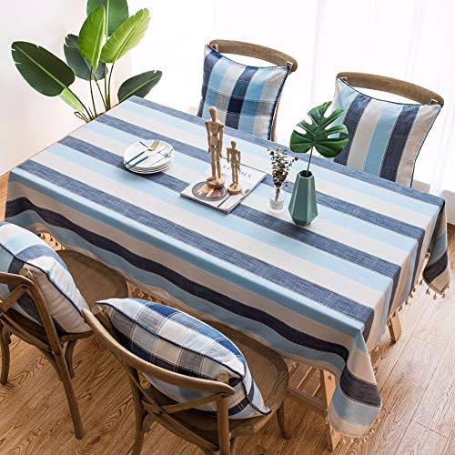 HUALEMEI Staub-Proof Tischabdeckung Für Küchenparty Im Freien,mediterrane Streifen Stoff Tischdecken Mit Quasten,einfaches Rechteck Leinen Tischdecke Blau 110x170cm von HUALEMEI