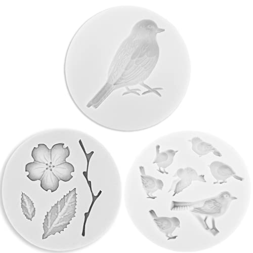 HUANGY 3 Stück Vogel Silikon, Blume Vogel Blatt Silikon, Mini Blume Silikonform, für Dekorierter Kuchen, Schokoladenseifen-Fudge-Glasur (Grau) von Exbrith
