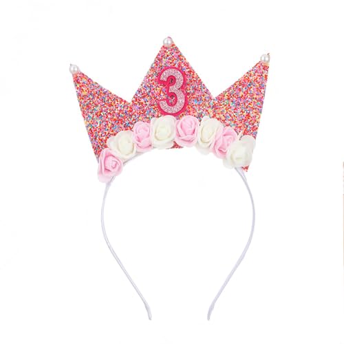 HUATEEN Geburtstagskrone,Krone Geburtstag Mädchen Krone Glitzer Tiara mit Rose Blumen Mädchen Stirnband Partyhut Rosa Kleinegeburtstag Krone für 3 Jahr Kinder Geburtstag Party von HUATEEN