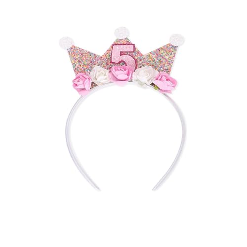 HUATEEN Geburtstagskrone,Krone Geburtstag Mädchen Krone Glitzer Tiara mit Rose Blumen Mädchen Stirnband Partyhut Rosa Kleinegeburtstag Krone für 5 Jahr Kinder Geburtstag Party von HUATEEN