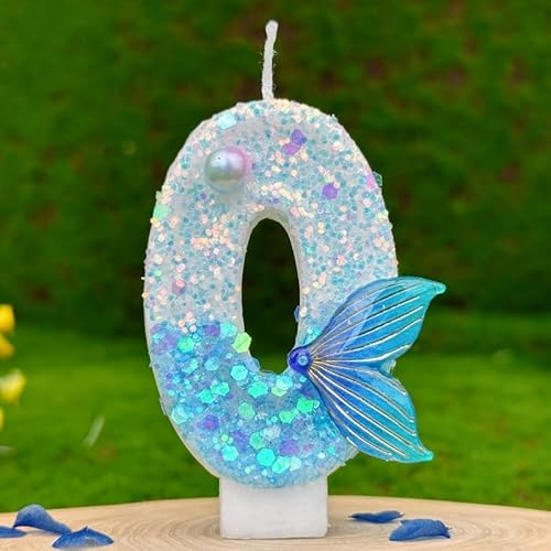 HUATEEN Meerjungfrauen-Geburtstagskerzen 0, Glitzernde Zahlen-Kerzen mit Zahlen in Metallic-Blau und Silber als Kuchen-Topper für Geburtstagstorten, Cupcakes & Partys (Erwachsene/Kinder) von HUATEEN