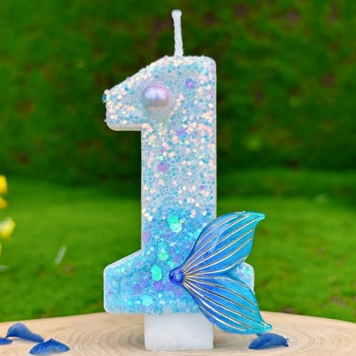 HUATEEN Meerjungfrauen-Geburtstagskerzen 1, Glitzernde Zahlen-Kerzen mit Zahlen in Metallic-Blau und Silber als Kuchen-Topper für Geburtstagstorten, Cupcakes & Partys (Erwachsene/Kinder) von HUATEEN