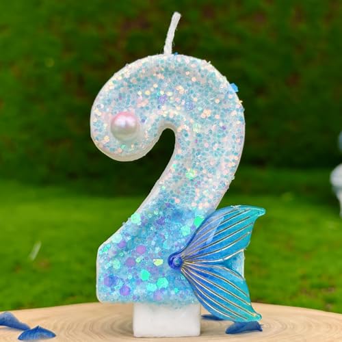 HUATEEN Meerjungfrauen-Geburtstagskerzen 2, Glitzernde Zahlen-Kerzen mit Zahlen in Metallic-Blau und Silber als Kuchen-Topper für Geburtstagstorten, Cupcakes & Partys (Erwachsene/Kinder) von HUATEEN