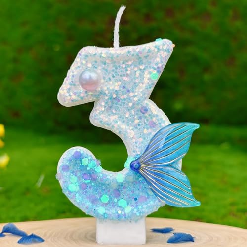 HUATEEN Meerjungfrauen-Geburtstagskerzen 3, Glitzernde Zahlen-Kerzen mit Zahlen in Metallic-Blau und Silber als Kuchen-Topper für Geburtstagstorten, Cupcakes & Partys (Erwachsene/Kinder) von HUATEEN