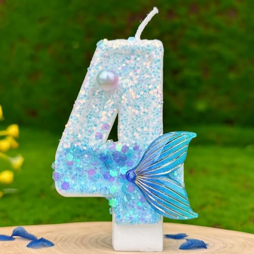 HUATEEN Meerjungfrauen-Geburtstagskerzen 4, Glitzernde Zahlen-Kerzen mit Zahlen in Metallic-Blau und Silber als Kuchen-Topper für Geburtstagstorten, Cupcakes & Partys (Erwachsene/Kinder) von HUATEEN