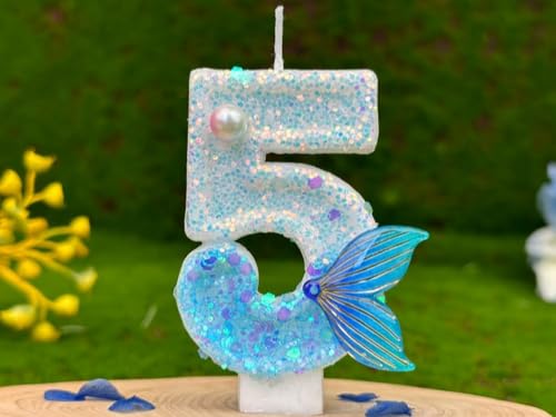 HUATEEN Meerjungfrauen-Geburtstagskerzen 5, Glitzernde Zahlen-Kerzen mit Zahlen in Metallic-Blau und Silber als Kuchen-Topper für Geburtstagstorten, Cupcakes & Partys (Erwachsene/Kinder) von HUATEEN