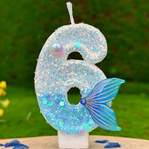 HUATEEN Meerjungfrauen-Geburtstagskerzen 6, Glitzernde Zahlen-Kerzen mit Zahlen in Metallic-Blau und Silber als Kuchen-Topper für Geburtstagstorten, Cupcakes & Partys (Erwachsene/Kinder) von HUATEEN