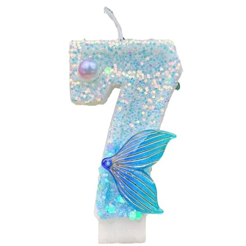 HUATEEN Meerjungfrauen-Geburtstagskerzen 7, Glitzernde Zahlen-Kerzen mit Zahlen in Metallic-Blau und Silber als Kuchen-Topper für Geburtstagstorten, Cupcakes & Partys (Erwachsene/Kinder) von HUATEEN