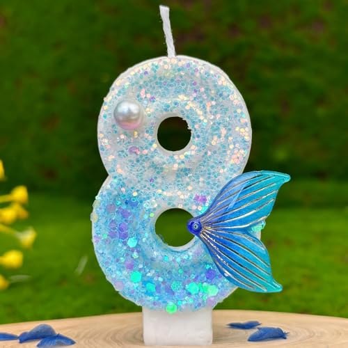 HUATEEN Meerjungfrauen-Geburtstagskerzen 8, Glitzernde Zahlen-Kerzen mit Zahlen in Metallic-Blau und Silber als Kuchen-Topper für Geburtstagstorten, Cupcakes & Partys (Erwachsene/Kinder) von HUATEEN